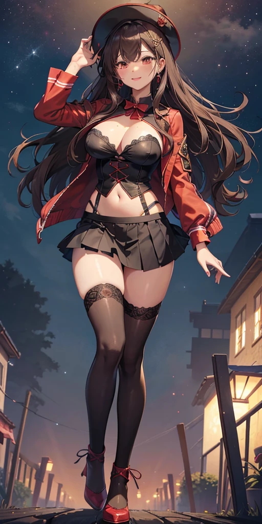 Adult female, Wizard Cosplay、Long brown hair、Wavy Hair、Brown eyes, lipstick, smile, Tabletop, high quality、sexy lace panties、Sexy pose、Medium large breasts、Soft 、Puffy nipples、Black pleated skirt、Red and black jacket、Black knee-high stockings、Sexy ass、Red High Heels、Glowing Earrings、Gorgeous hair ornament、((The skirt flips up in the wind))、cute