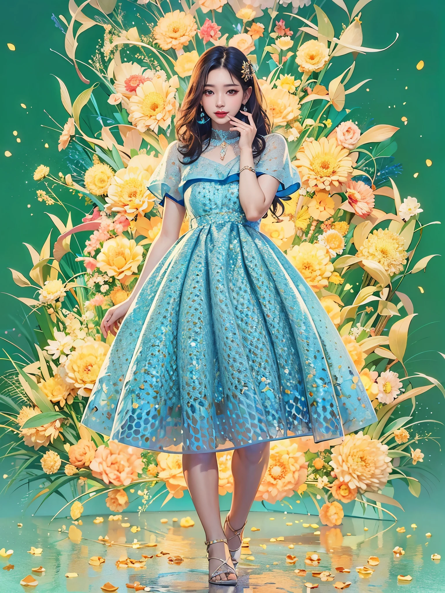 Araped woman wearing a yellow dress, blue background,woman alone, Best Face, Chassis, blackpink jennie, model shooting pose, Yanjun Chengt, Popular Korean Makeup, Exciting and cute aesthetics, Jinyoung Shin, Popular Korean Makeup, Inspired by Hwangji, beautiful girl, official artwork, model shooting pose, very beautiful cute girl, smile, Swarovski dress, sparkly dress, pov, 8k, super detail, ccurate, best quality, UHD, anatomically correct, super detail, high quality, ccurate