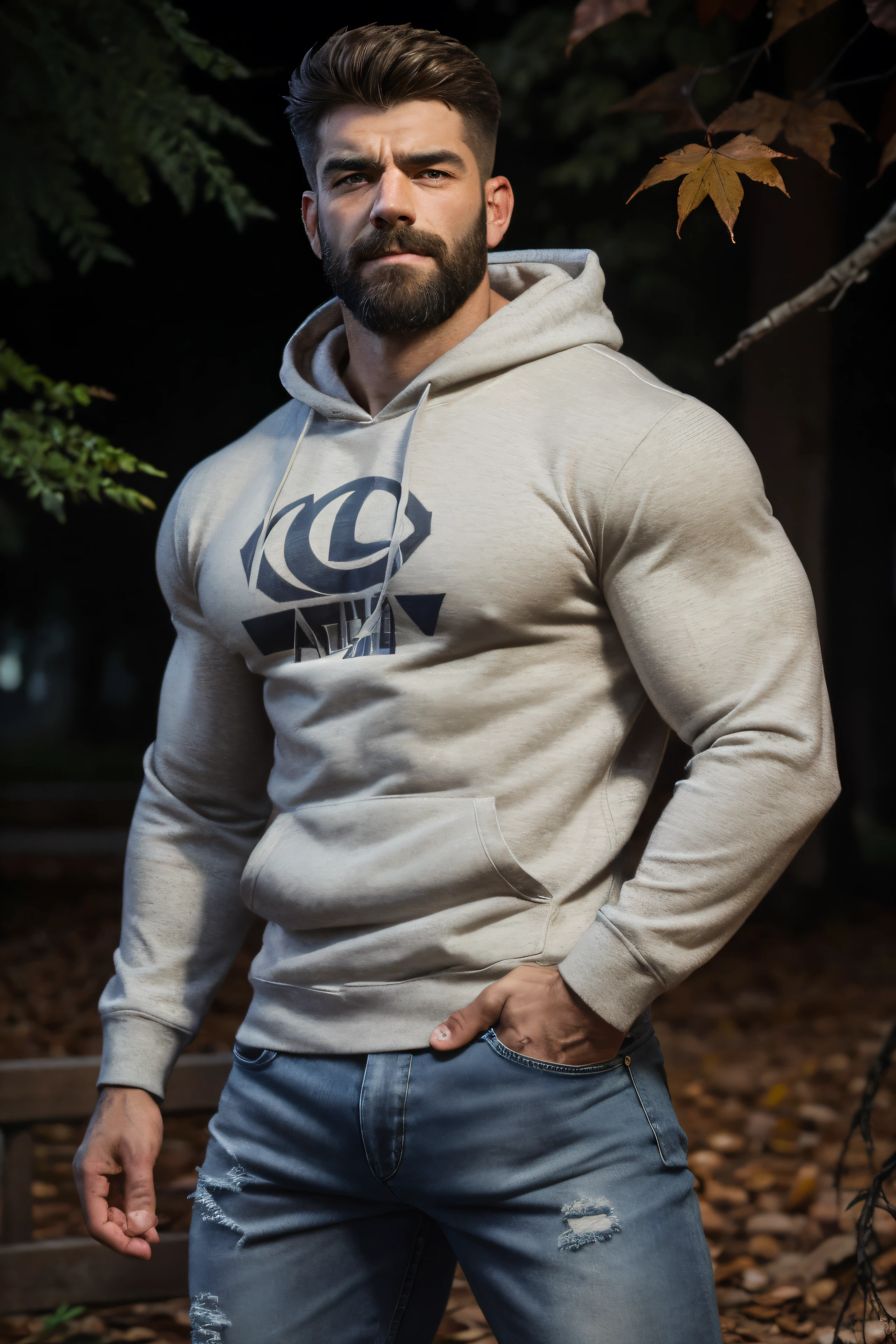 Um retrato de personagens [middle-aged muscular man from the Soviet Union, corpo peludo, macho alfa, huge biceps, Abs rasgado, cabelo desgrenhado, bonito, Jeans, Moletom cinza, White sneakers, sorriso sedutor, My Hero] Parque Outono, 4k, altamente detalhado, lindo, Middle Ages, Era das Trevas, arte de Stanley artgerm, por Daniel F Gerhartz, por Pino Daeni, altamente detalhado, sharp focus.