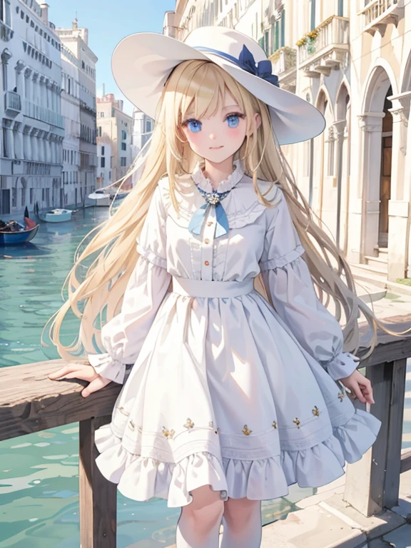 masterpiece, highest quality, Very detailed, 16k, Ultra-high resolution, Cowboy Shot, -yeld gi Detailed face, Perfect Fingers, blue eyes, Blonde, Long Hair, Wide-brimmed feathered hat, Gorgeous white blouse, Luxurious brooches, Long skirt, White High Knee Socks, Enamel shoes, Venice cityscape, gondola, Walking the Streets