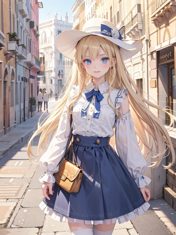 masterpiece, highest quality, Very detailed, 16k, Ultra-high resolution, Cowboy Shot, ****************, Detailed face, Perfect Fingers, blue eyes, Blonde, Long Hair, Wide-brimmed feathered hat, Gorgeous white blouse, Luxurious brooches, Long skirt, White High Knee Socks, Enamel shoes, Venice cityscape, gondola, Walking the Streets