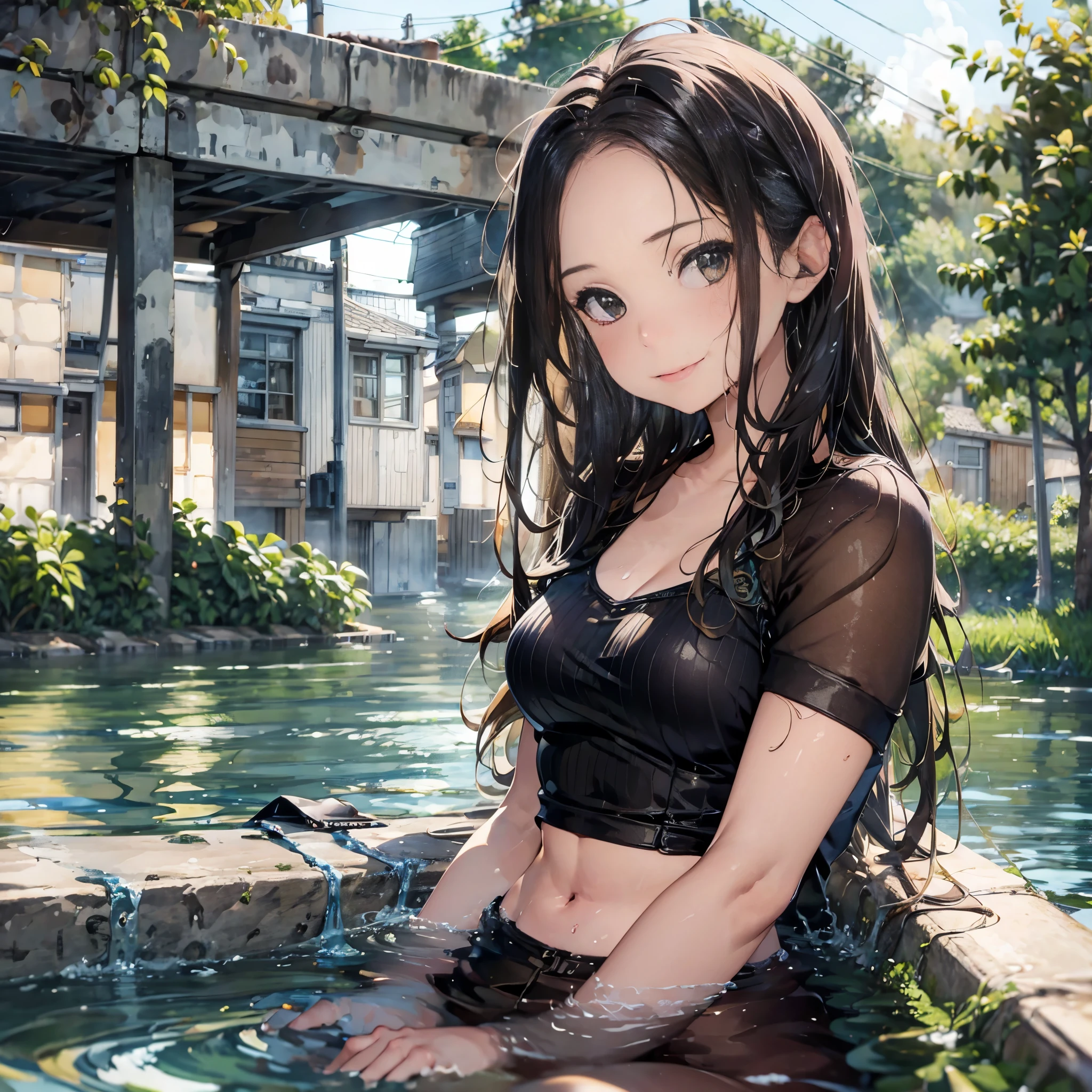 (masterpiece, 8k, best quality:1.2), in the fountain, outdoor, 1girl, looking at viewer, wet clothes, soaked, wet hair, wet skin, glistening with oil, drenched, smiling, liz.ashley