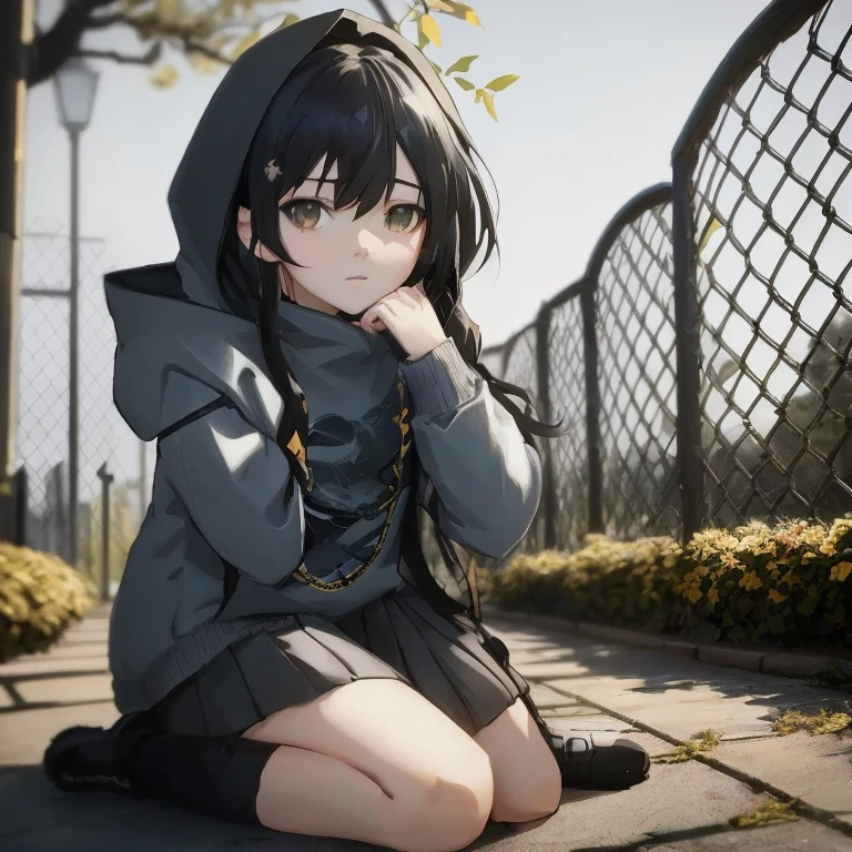 anime girl sitting on the ground with her hand on her chin, black haired girl wearing hoodie, the anime girl is crouching, artwork in the style of guweiz, Anime visuals of cute girls, young anime girl, anime moe art style, girls frontline style, Anime style. 8K, Cute anime girl, anime style 4 k, an anime girl