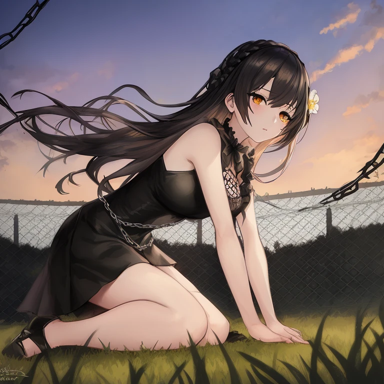 Anime girl kneeling on grass against the background of a chain-link fence, anime girl wearing a black dress, from girls frontline, girls frontline cg, Anime visuals of cute girls, Fine details. girls' frontline, girls frontline style, anime moe art style, girls' frontline, marin kitagawa fanart, girls frontline universe, the anime girl is crouching, hana yata