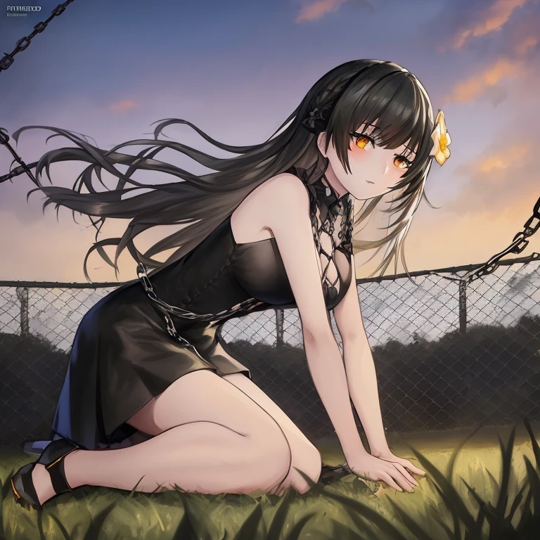 Anime girl kneeling on grass against the background of a chain-link fence, anime girl wearing a black dress, from girls frontline, girls frontline cg, Anime visuals of cute girls, Fine details. girls' frontline, girls frontline style, anime moe art style, girls' frontline, marin kitagawa fanart, girls frontline universe, the anime girl is crouching, hana yata