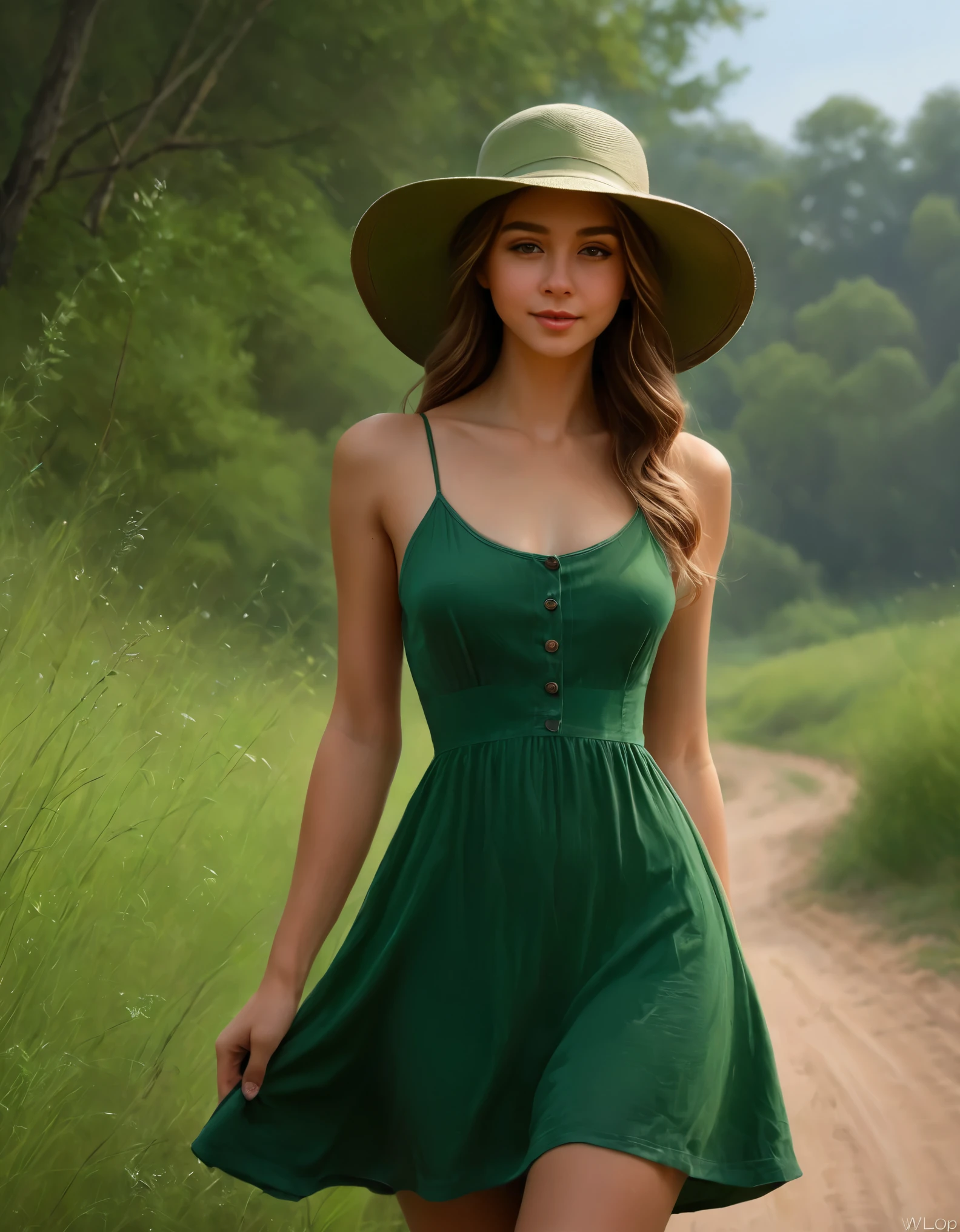 a painting of a woman in a green sundress and hat by WLOP, cgsociety, fantasy art, wlop painting style, realistic cute girl painting, cgsociety 9