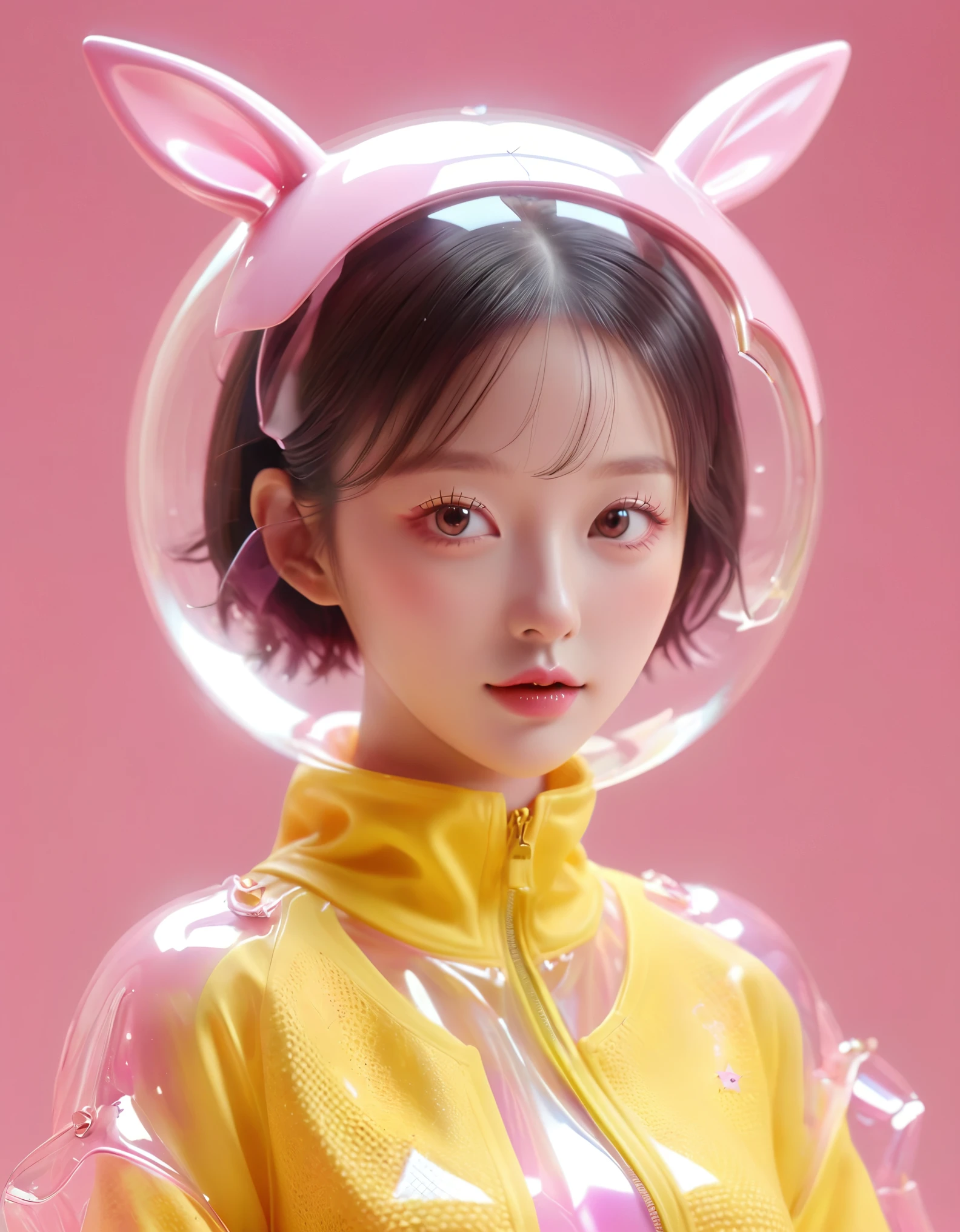 Techwear] A cute fashion of a yellow woman with head star shaped with adorable eyes and a zigzag mouth inside a transparent sphere with bunny ears and a pink base. The background is one color of pink. 3d, realistic, HD quality, detailed 3d Render, visible part of the torso, photorealism，xianxia