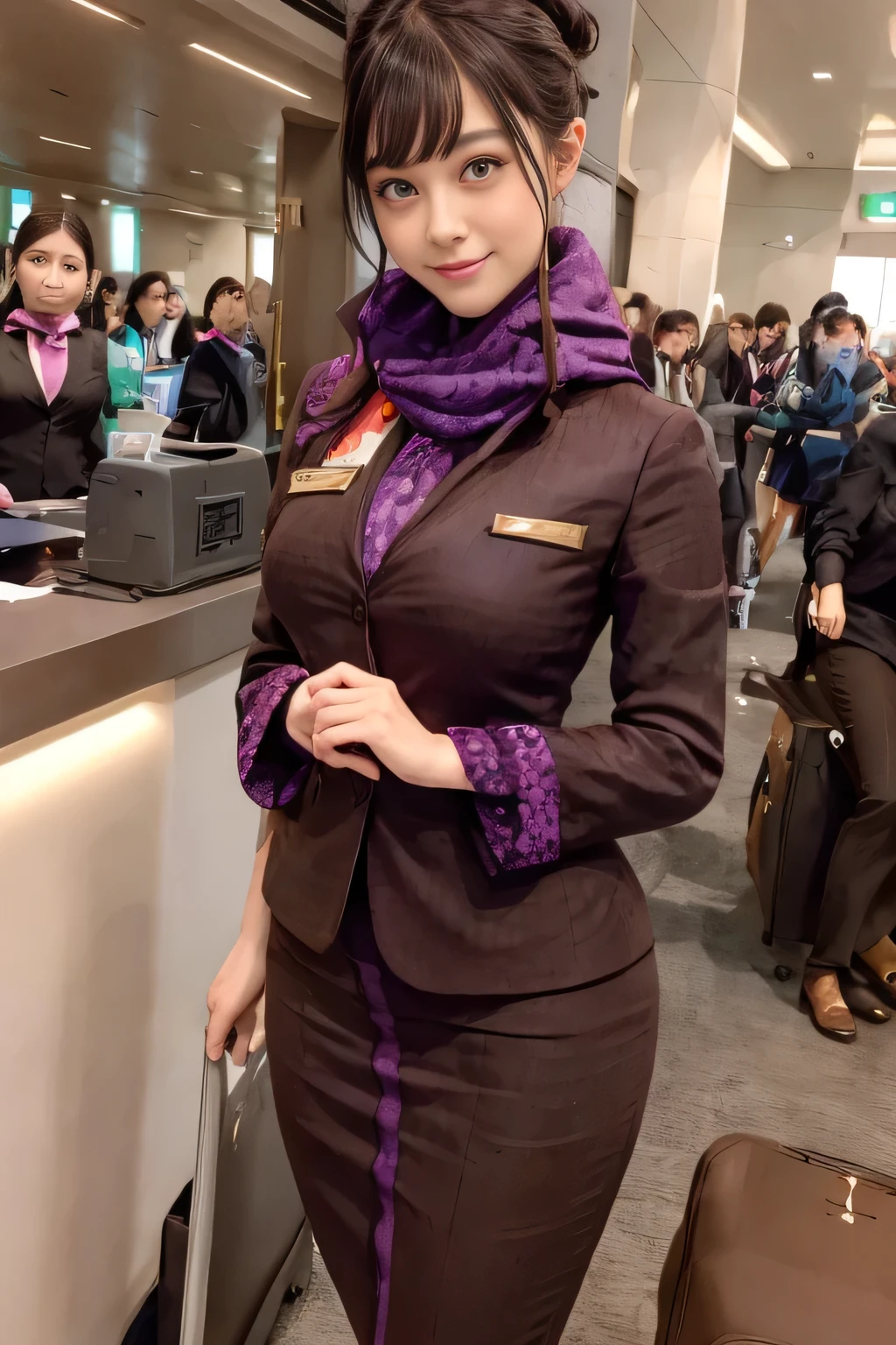 (masterpiece:1.2、highest quality:1.2)、32K HDR、High resolution、(alone、1 girl、Slim figure)、（A realistic reproduction of the ETIHAD Airways Cabincrew Uniform）、 (At the airport counter, Professional Lighting)、A proper woman, Beautiful Face,、（Long sleeve ETIHAD Airways Cabincrew Uniform）、（ETIHAD Airways Cabincrew Uniform skirt with purple stripe on the front）、（scarf on chest）、Big Breasts、（Long Hair Up、Hair Bun）、Dark brown hair、Long Shot、（（Great hands：2.0））、（（Harmonious body proportions：1.5））、（（Normal limbs：2.0））、（（Normal finger：2.0））、（（Delicate eyes：2.0））、（（Normal eyes：2.0））)、Beautiful standing posture、smile