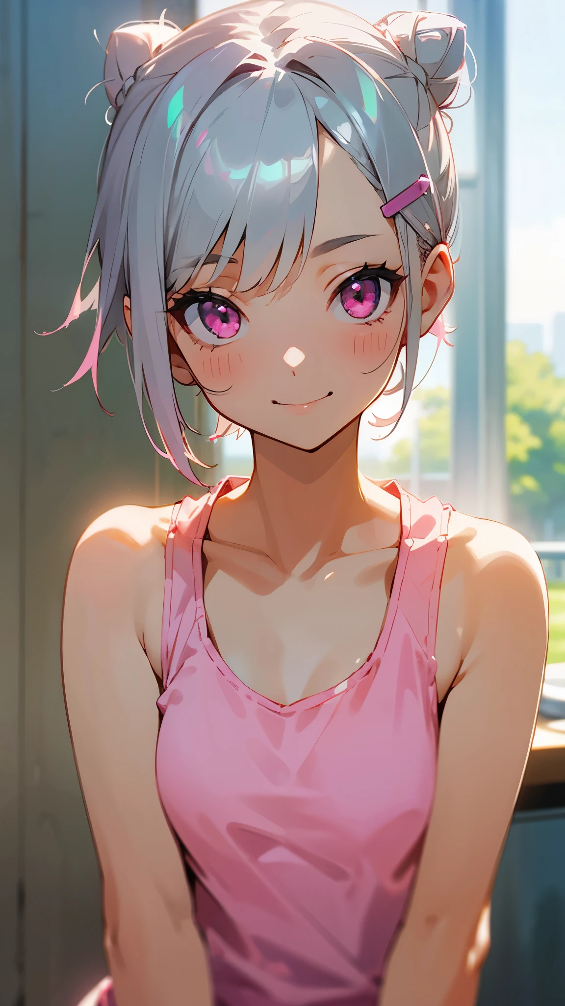 １girl、Short silver bob hair tied in a bun with a hair clip, Pink Eyes、smile、really like、Pink tank top、hot pants、Upper body close-up、Morning Cafe Terrace、Background blur, Written boundary depth