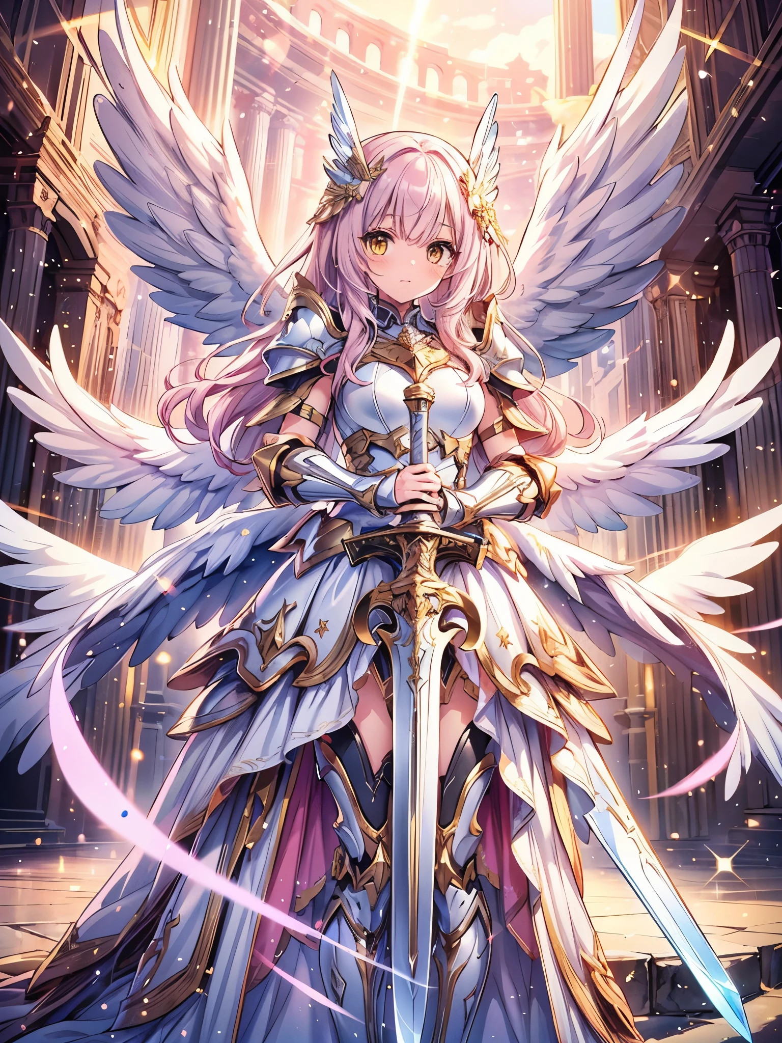 (masterpiece), best quality, 1girl, Valkyrie, angel knight in withe dress and sliver armor, shiny armor, High-gloss armor, reflective metal armor, holding sword, (long_sword), pink long curly hair, yellow eyes, wings, white outfit, perfect lighting