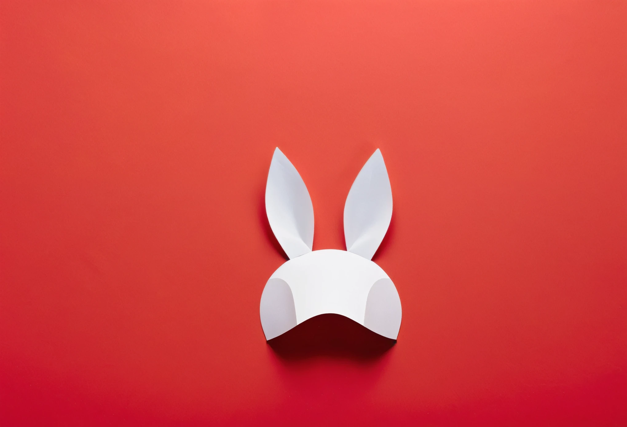 on an empty red background, white bunny ears cut out of paper, a nose with a mustache lie in the form of a rabbit muzzle, realism, photorealism, high detail,，minimalist