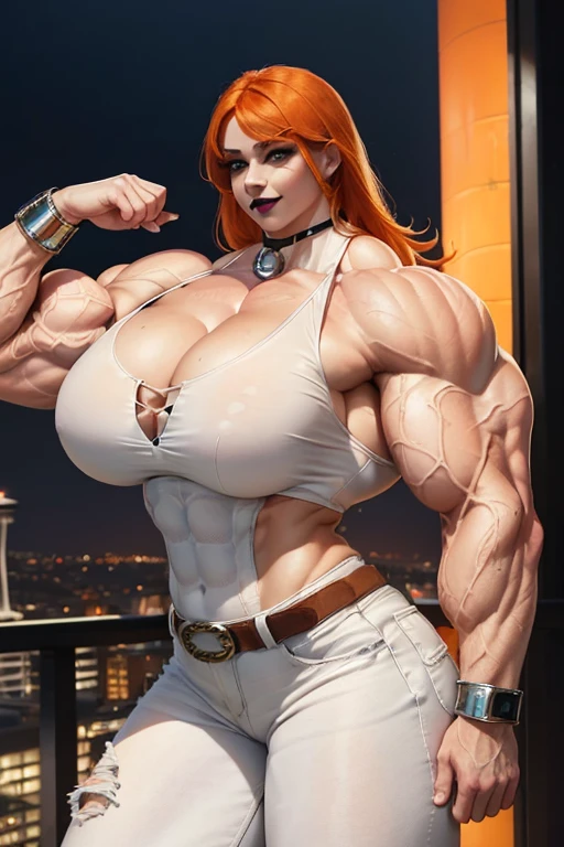 ((((Massive, beautiful, buff, pale white skinned, muscular woman with orange hair, black lipstick, ginormous bulky muscles and wearing a beautiful white unbuttoned blouse with white denim pants)))), (close view), massive muscles, massive biceps, hyper muscle triceps, (long shaggy hair), white denim pants, (chain belt), green eyes, (chained gauntlets), high heels boots, (on top of the Seattle space needle), night, smug smirk, hyper muscles arms, hyper muscle legs, massive arms.