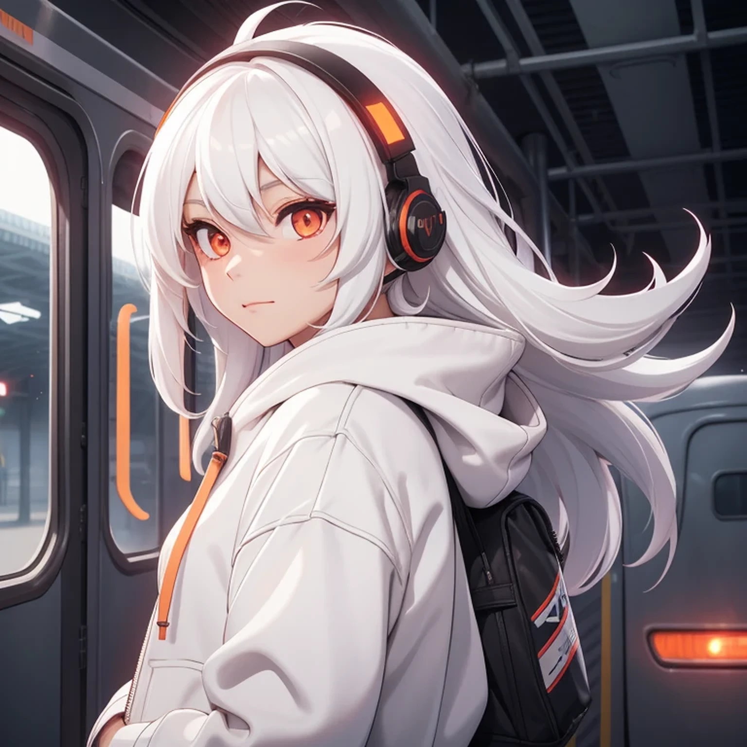 A girl, white hair, long hair, feminime, soft smile, white hoodie jacket, glowing orange eyes, train background, wearing black headphone, full body, masker, side singletail hair,