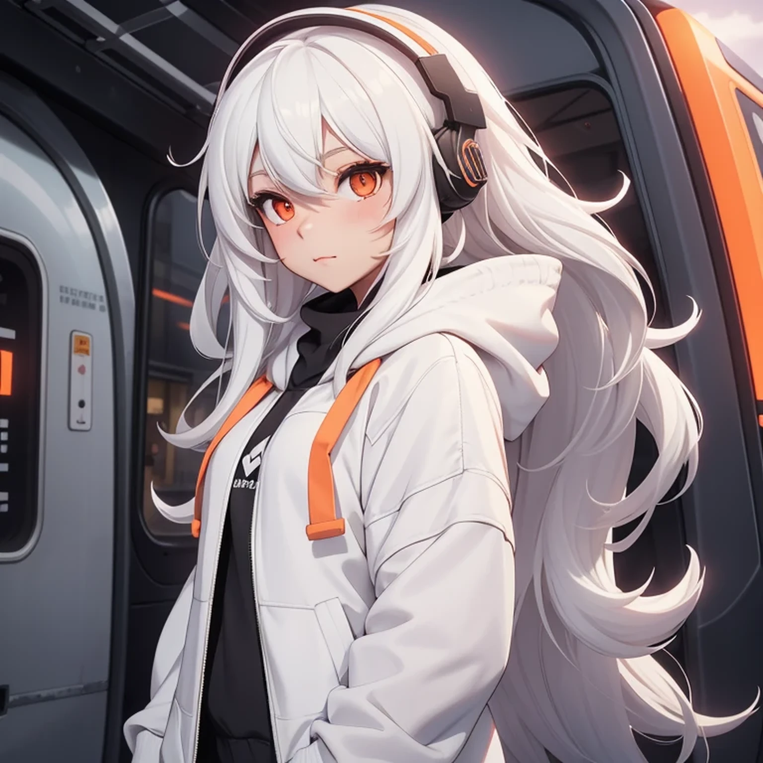 A girl, white hair, long hair, feminime, soft smile, white hoodie jacket, glowing orange eyes, train background, wearing black headphone, full body, masker, side singletail hair,