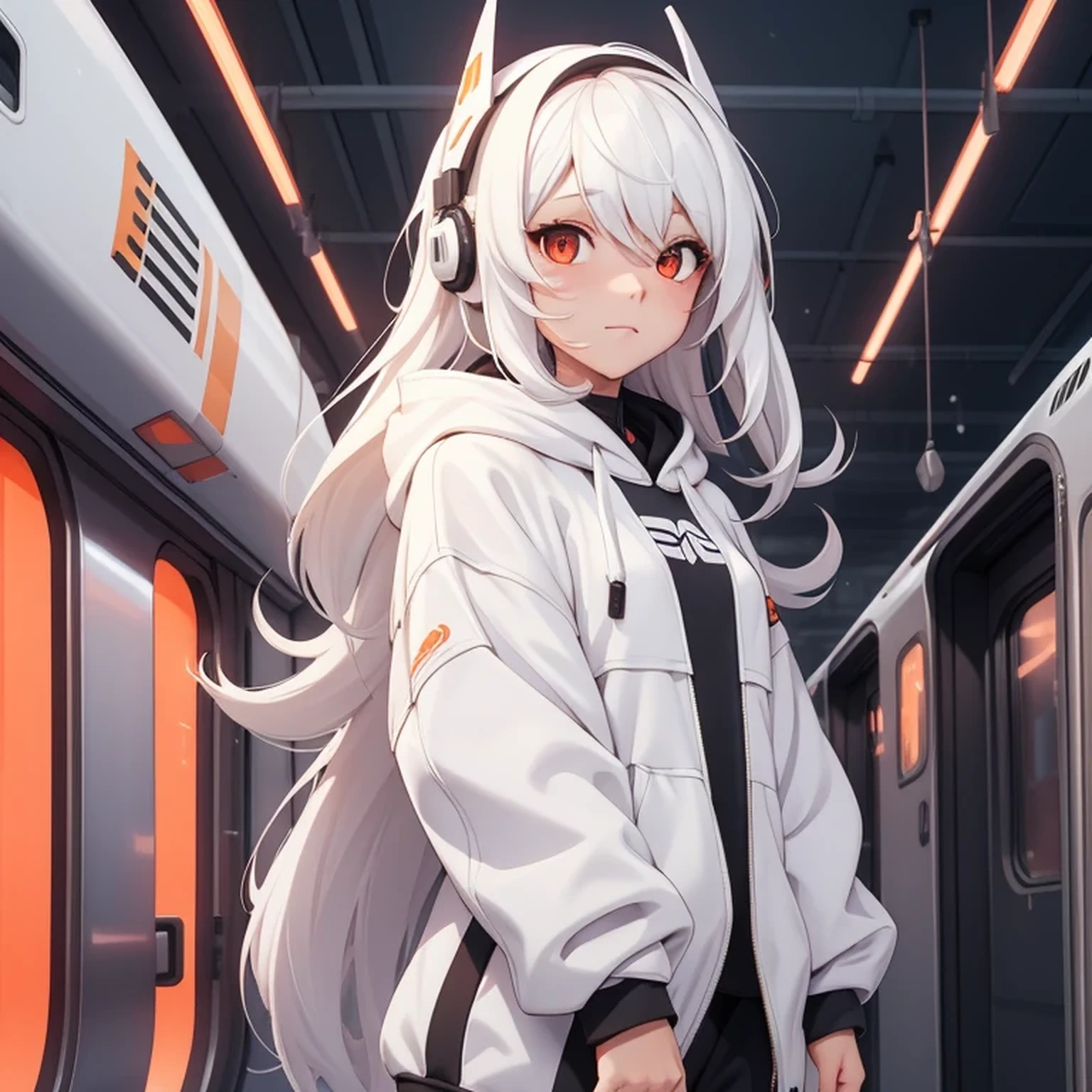 A girl, white hair, long hair, feminime, soft smile, white hoodie jacket, glowing orange eyes, train background, wearing black headphone, full body, masker, side singletail hair,