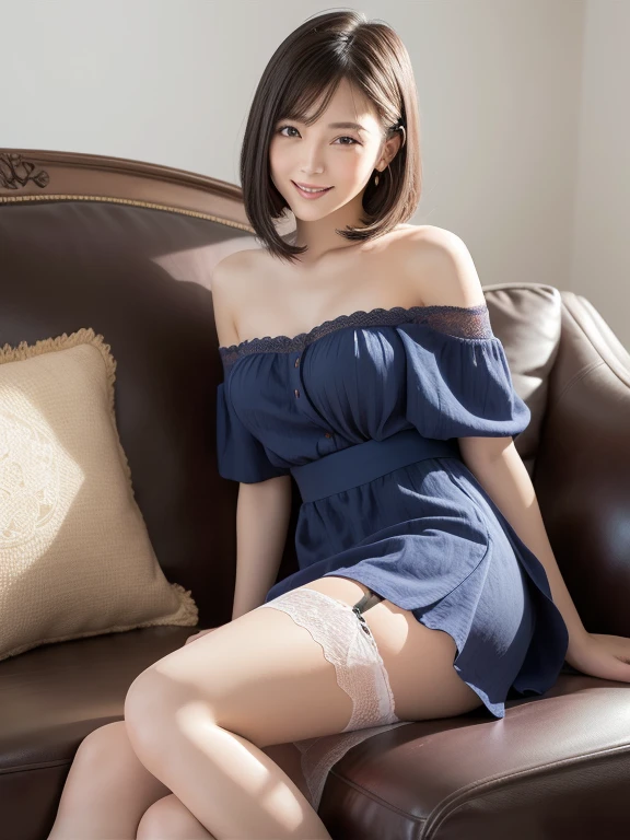 (Best quality: 1.5), (Realistic: 1.5), (1 person: 1.5), (Medium shot: 1.5), Highly detailed, High resolution, 8k, Medium breasts, Natural colored lips, Cute smile, Japanese woman, 20-year-old girl, beautiful and elegant features, perfect and beautiful face, large eyes with good balance between the left and right sides, brunette eyes, beautiful and elegant features, beautiful double eyelids, natural bangs, beautiful thin nose, Beautiful skin, fair skin, (medium bob hair), natural bangs, perfect and beautiful face, slim face and figure, (looks at the camera with a sweet smile), bright lighting, professional lighting, forward lighting, (wearing blue off-shoulder micro miniskirt dress with lace), the finest dress, (micro miniskirt dress with lace) , ((garter belt)), knee-length lace stockings with lace, girl relaxing sitting on a luxury sofa, Beautiful breasts, Beautiful cleavage, From below, low angle