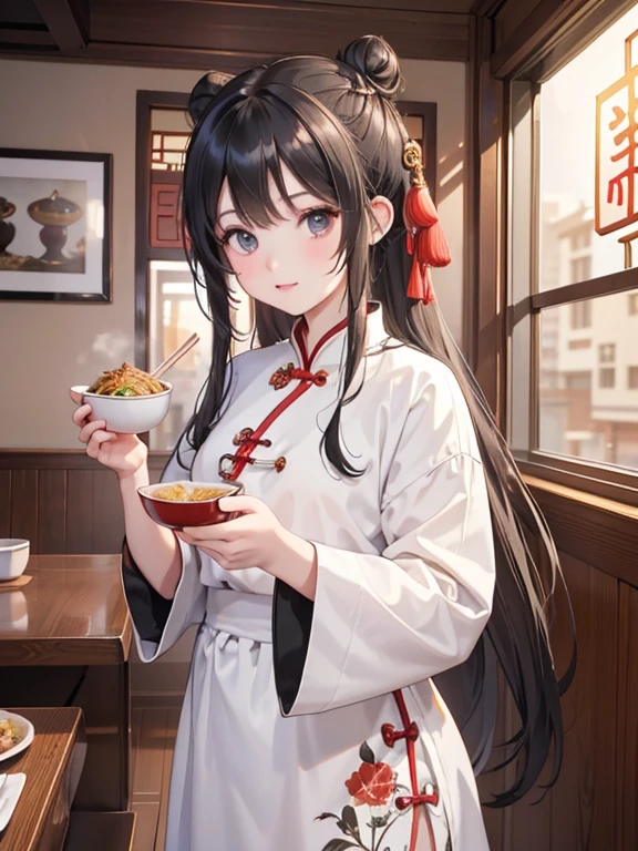 masterpiece, highest quality, Very detailed, 16k, Ultra-high resolution, Cowboy Shot, , Detailed face, Perfect Fingers, black eye, Black Hair, Bun Hair, Chinese clothing, Chinese Restaurant, canteen, Chinese cuisine, Eat ramen