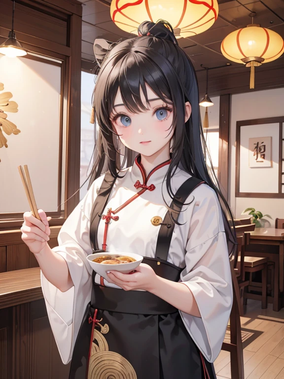 masterpiece, highest quality, Very detailed, 16k, Ultra-high resolution, Cowboy Shot, 14-year-old girl, Detailed face, Perfect Fingers, black eye, Black Hair, Bun Hair, Chinese clothing, Chinese Restaurant, canteen, Chinese cuisine, Eat ramen