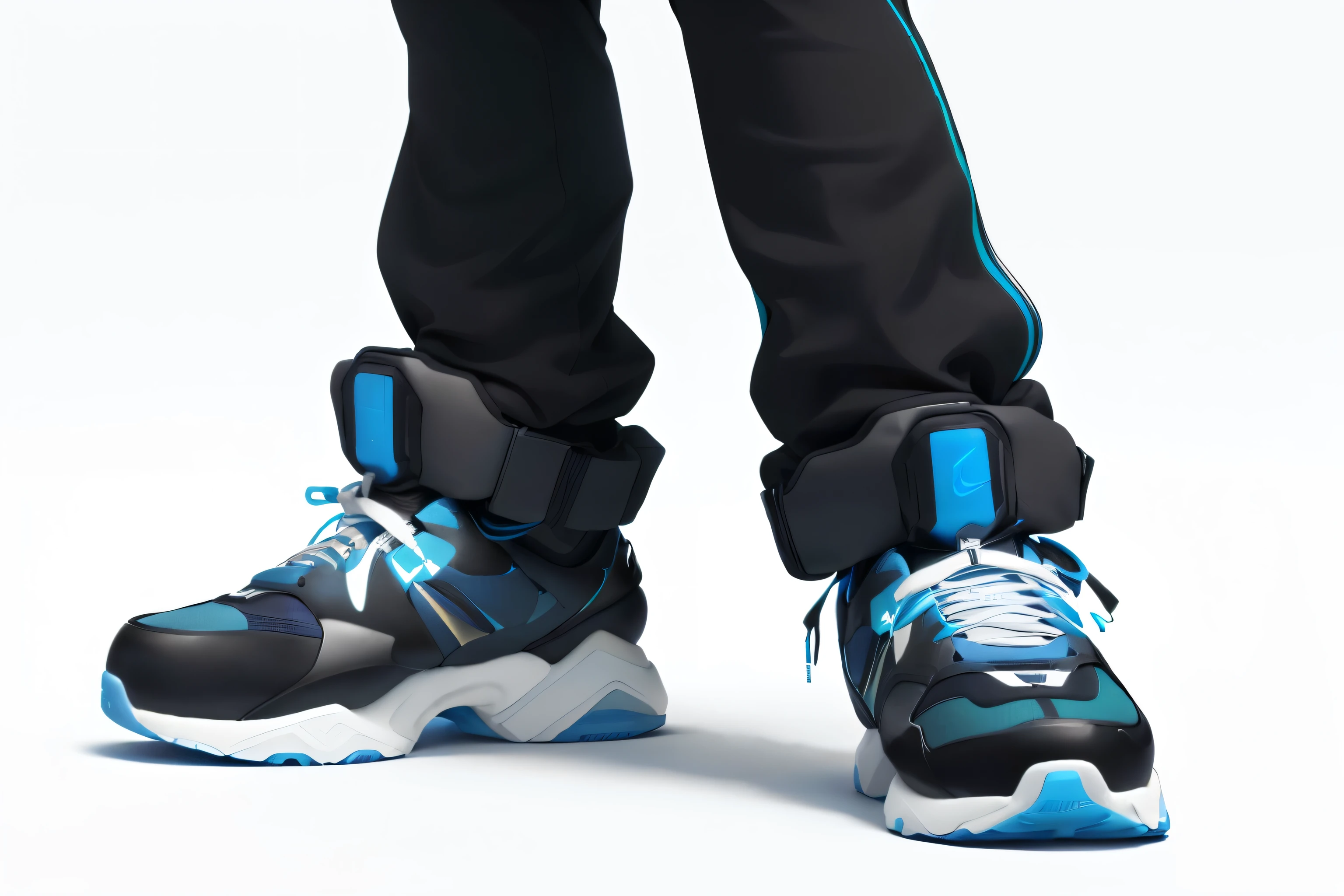 Someone is wearing a pair of blue and black patterned shoes, Futuristic sneakers, Inflatable future shoes, Futuristic Balenciaga sneakers, Sports shoes design, futuristic hi-tech details, Wearing a Nike Air Cushion, clothes from the future, Human hind legs and sneakers, Basketball sneakers concept art, depicted as a 3 d render, Digital Rendering, Detail rendering, inspired by gao cen