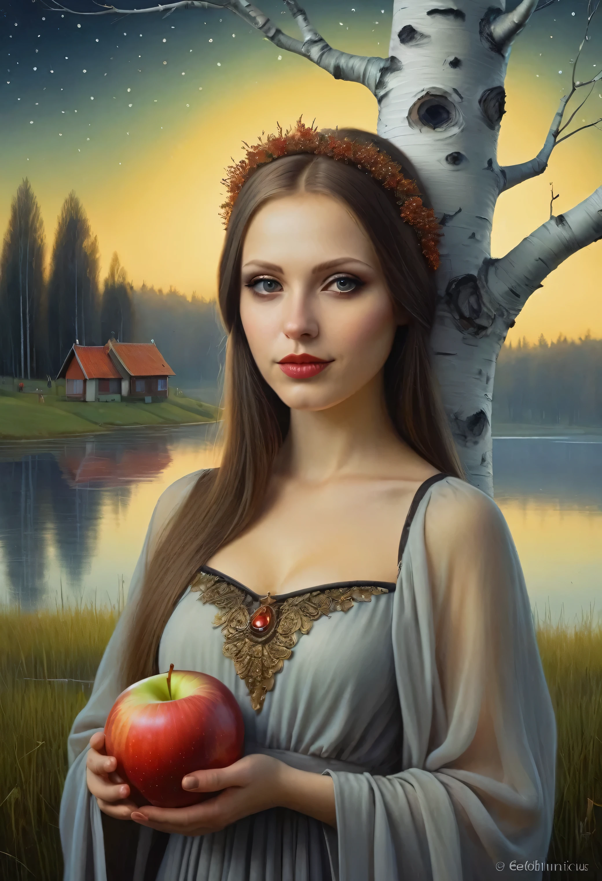 ((Gediminas-Pranckevicius style)) (Cute young attractive girl, Strong Gothic Makeup) a village by the lake and a white birch forest and an apple orchard, a starry night, ((Gediminas-Pranckevicius style!!!)), Gloomy foggy atmosphere, surrealism, The absurdity of cuteness, attractiveness and rejection of extraordinary appearance, magic naive art, primitivism, protogen, , ((best quality, Masterpiece)), ((Highest detail)), RAW:1,1, 8k