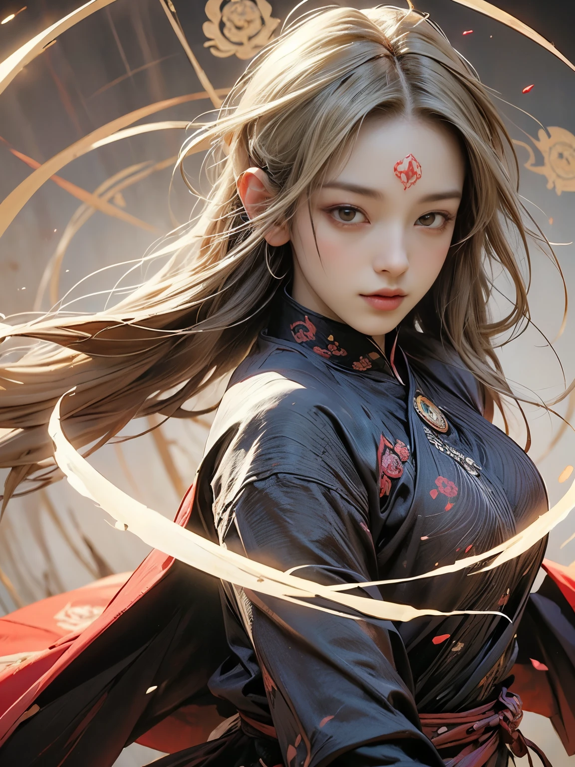 Zerg Queen Beautiful Girl: Ranlinger, 18 years old, (Martial God, asura:1.6), Messy Hair, oil, Romanticism painting, beautiful Perfect Face, Soft Skin, Perfect Face, Yasutomo Oka's painting style, Big Breasts, Add light purple and purple, Add Light Red, Intricate details, Splash screen, 8K resolution, masterpiece, Serious, (mysterious magic circle background, Buddhist Mandala:1.3), Colorful background, aura, Sharp Eyes, Break, Blonde, dynamic sexy poses, sweat, long cape, Strong winds, Colorful light, Flowers, Birds, Wind and Moon, (Swords, Two-Way:1.2)