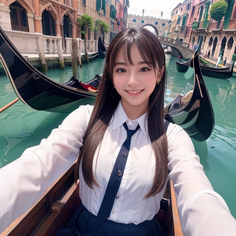 One has a smartphone、The unique scenery and historical architecture of the floating city、 (Beautiful girl smiling and taking a selfie while riding a gondola:1.5)、highest quality、High resolution、Detailed Background、(Beautiful face in every detail:1.4)、Anatomically correct、(Detailed facial expressions)、(Fine grain:1.2)、Teenage Beauty、(Highly detailed face:1.4)、Cute hair color、Bobcut、ponytail、Cute hairstyle、well-groomed eyebrows、Do cute things、School trip、Cute JK Uniform、 A gondola glides gracefully under a stone bridge along the canal、