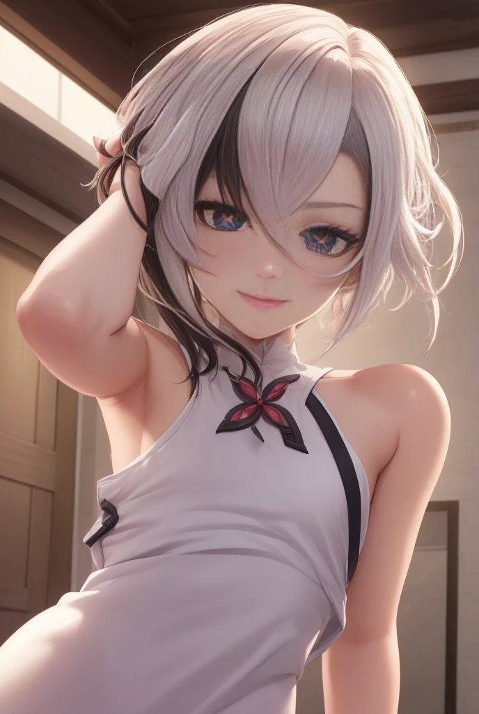 clay, blush, smile, Usual clothes, White clothes, Combat Uniform, , The back is very smal, Lolita, Small breasts, Show me your armpits, exterior: 14 years old, Shoulder avicle is visible, Sexy thighs, Beautiful feet, Usual hairstyle, highest quality, High resolution, unity 8k wallpaper, (shape:0.8), (Beautiful and beautiful eyes:1.6), Highly detailed face, Perfect lighting, Extremely detailed CG, (Perfect hands, Perfect Anatomy),