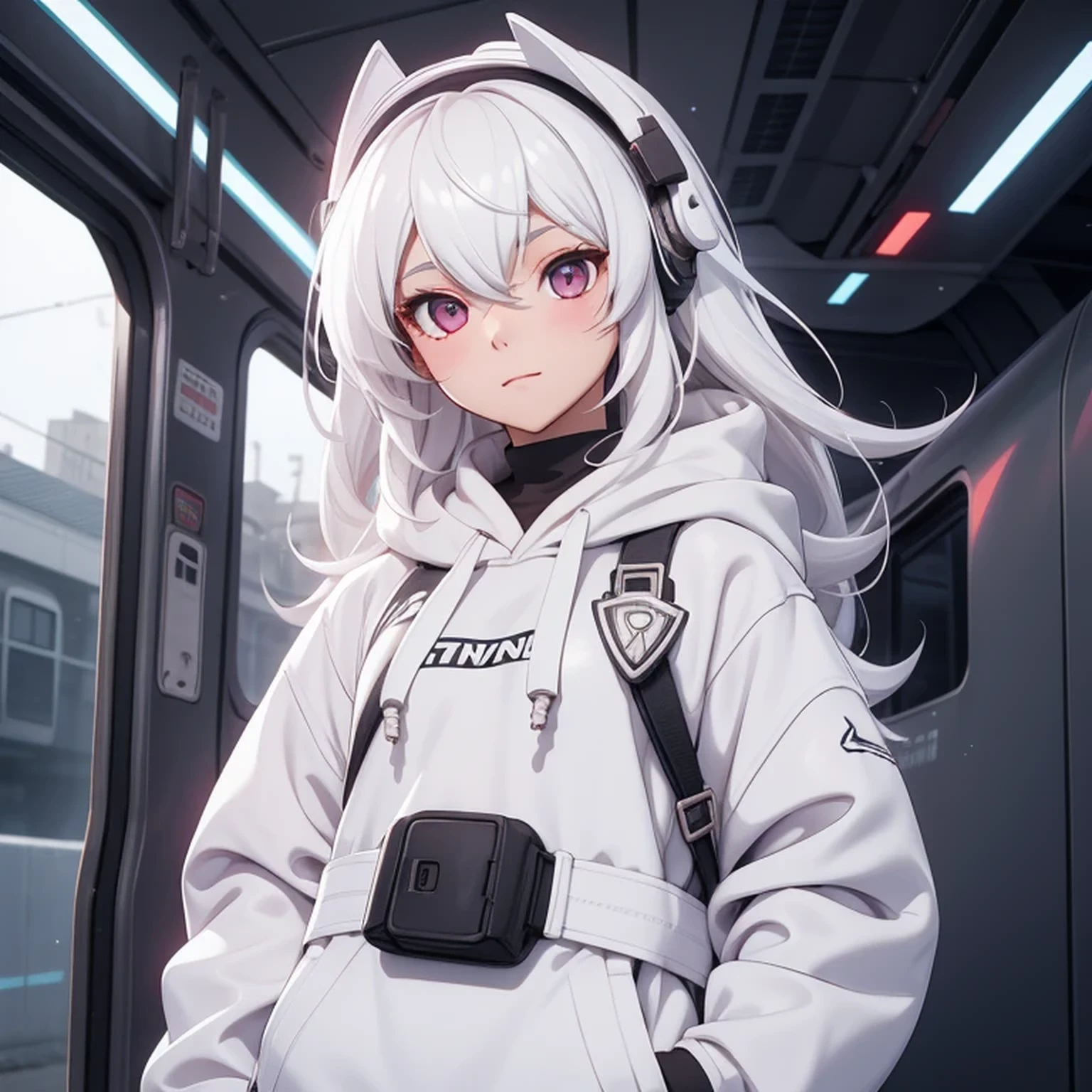 A girl, white hair, long hair, feminime, soft smile, white hoodie jacket, glowing silver eyes, train background, wearing black headphone, full body, masker, side singletail hair,
