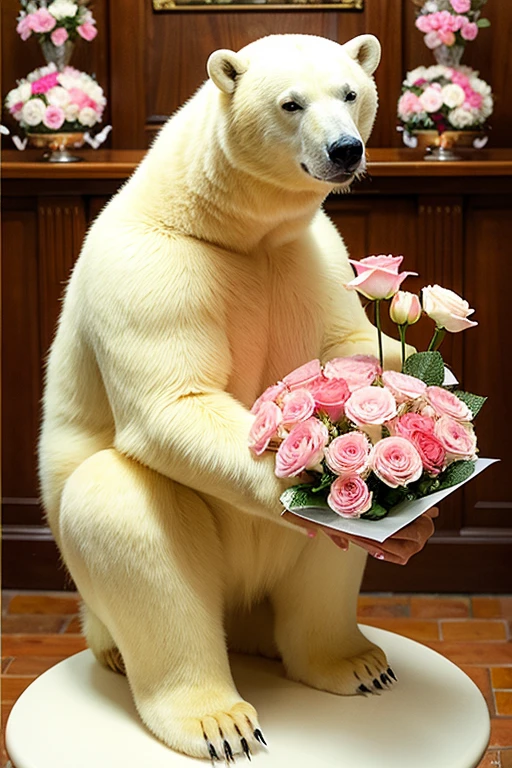Polar bear offering flowers
