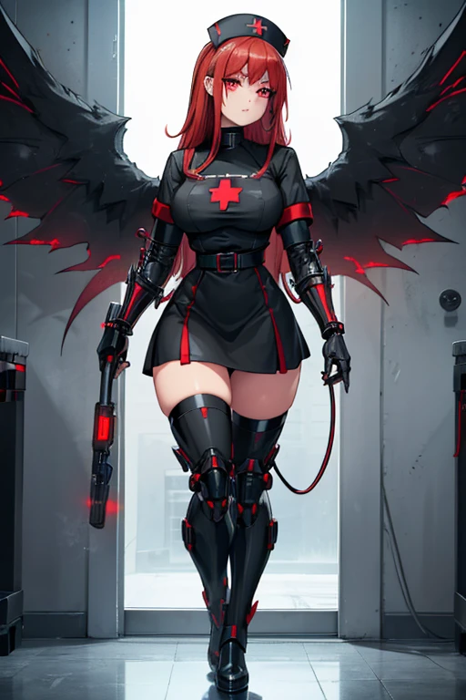 female, red eyes, robotic, black metal body, (((1girl))), (((black metal nurse uniform))), (black cybernetic gauntlets), (black cybernetic boots), (black belt), (cybernetic angel wings), cute and sexy, full body, large breasts, large butt, long legs