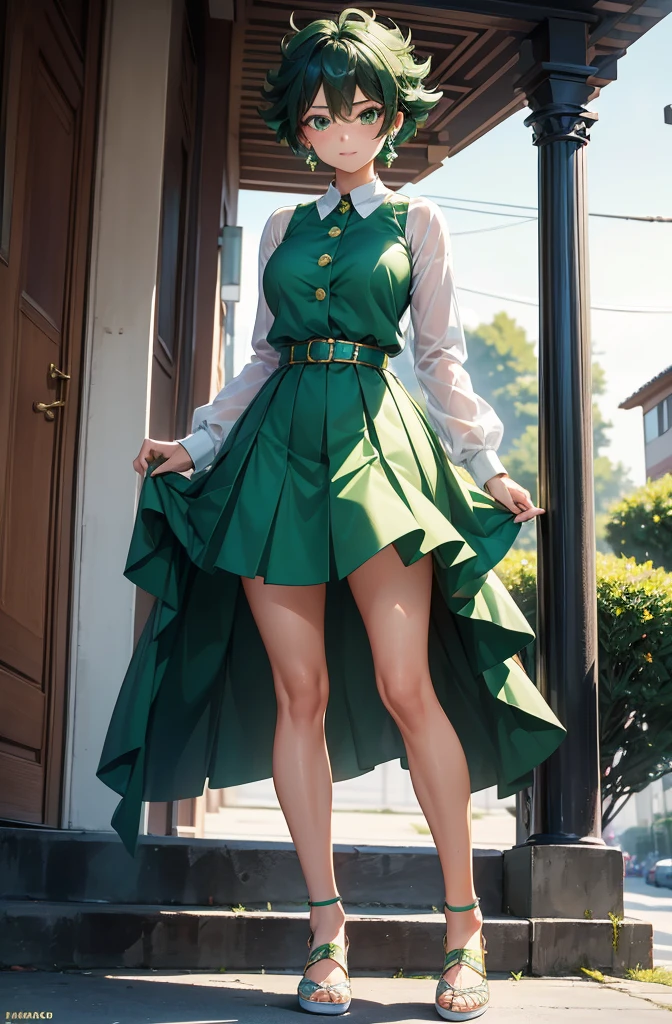 1girl, 1girl izuku midoriya full body, genderbend izuku midoriya, Izuku Midoriya, Izuku Midoriya my hero academia, midoriya izuku, (anime: my hero academia). As a genderbent version of Izuku Midoriya, she embodies both strength and grace. Her striking green eyes, reminiscent of emeralds, shimmer with determination, complementing her short green hair styled in a modern and chic manner. Every detail is meticulously captured in this portrayal, from the soft curves of her feminine figure to the confident yet gentle expression on her face. Adorned in a fashionable ensemble, she wears a stylish blouse that accentuates her slender frame and pairs it with a knee-length skirt that sways with every step she takes. Completing her look are trendy sneakers that add a hint of casual flair, along with chic accessories that elevate her outfit to new heights of sophistication. Despite the boldness of her attire, there's an undeniable air of elegance that surrounds her, making her presence truly captivating. This depiction of Izuku Midoriya as a girl is nothing short of mesmerizing, captured in ultrasharp detail and presented in stunning 4k resolution. Each aspect of her appearance is highly detailed, from the strands of her hair to the intricate patterns on her clothing. Whether she's seen in action or simply standing still, she exudes an aura of confidence and charm that is impossible to ignore. Indeed, this portrayal of Izuku Midoriya as a fashionable young woman is a testament to her enduring appeal and undeniable allure.