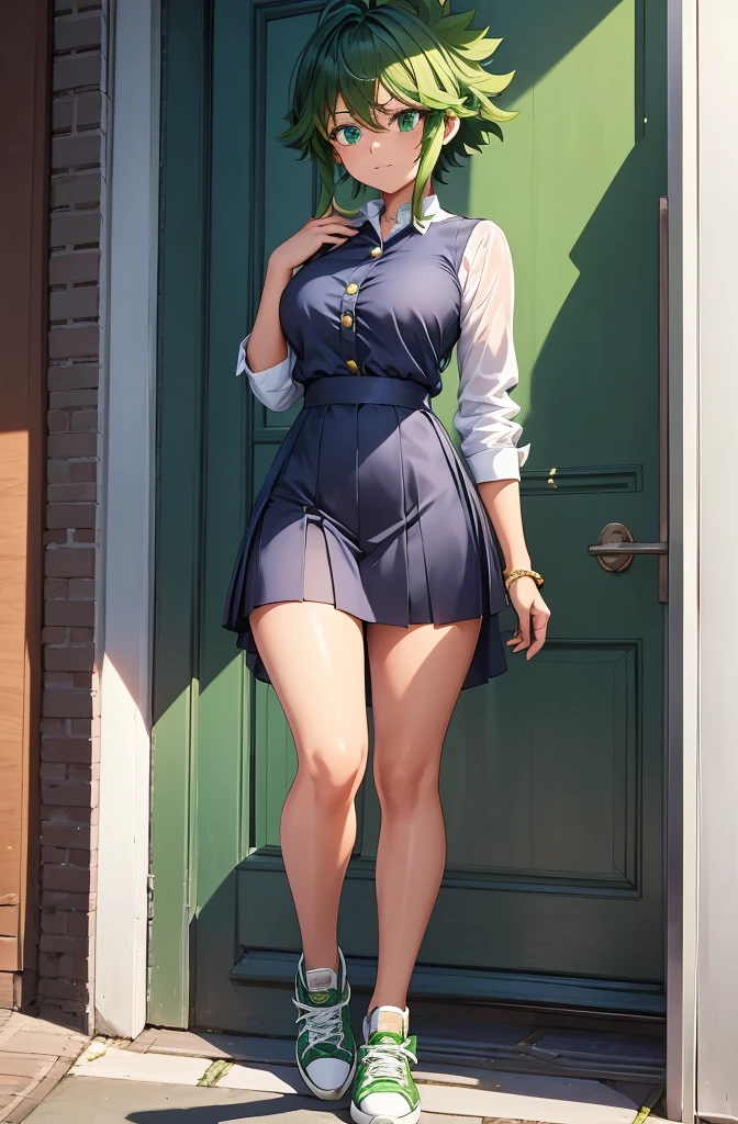1girl, 1girl izuku midoriya full body, genderbend izuku midoriya, Izuku Midoriya, Izuku Midoriya my hero academia, midoriya izuku, (anime: my hero academia). As a genderbent version of Izuku Midoriya, she embodies both strength and grace. Her striking green eyes, reminiscent of emeralds, shimmer with determination, complementing her short green hair styled in a modern and chic manner. Every detail is meticulously captured in this portrayal, from the soft curves of her feminine figure to the confident yet gentle expression on her face. Adorned in a fashionable ensemble, she wears a stylish blouse that accentuates her slender frame and pairs it with a knee-length skirt that sways with every step she takes. Completing her look are trendy sneakers that add a hint of casual flair, along with chic accessories that elevate her outfit to new heights of sophistication. Despite the boldness of her attire, there's an undeniable air of elegance that surrounds her, making her presence truly captivating. This depiction of Izuku Midoriya as a girl is nothing short of mesmerizing, captured in ultrasharp detail and presented in stunning 4k resolution. Each aspect of her appearance is highly detailed, from the strands of her hair to the intricate patterns on her clothing. Whether she's seen in action or simply standing still, she exudes an aura of confidence and charm that is impossible to ignore. Indeed, this portrayal of Izuku Midoriya as a fashionable young woman is a testament to her enduring appeal and undeniable allure.