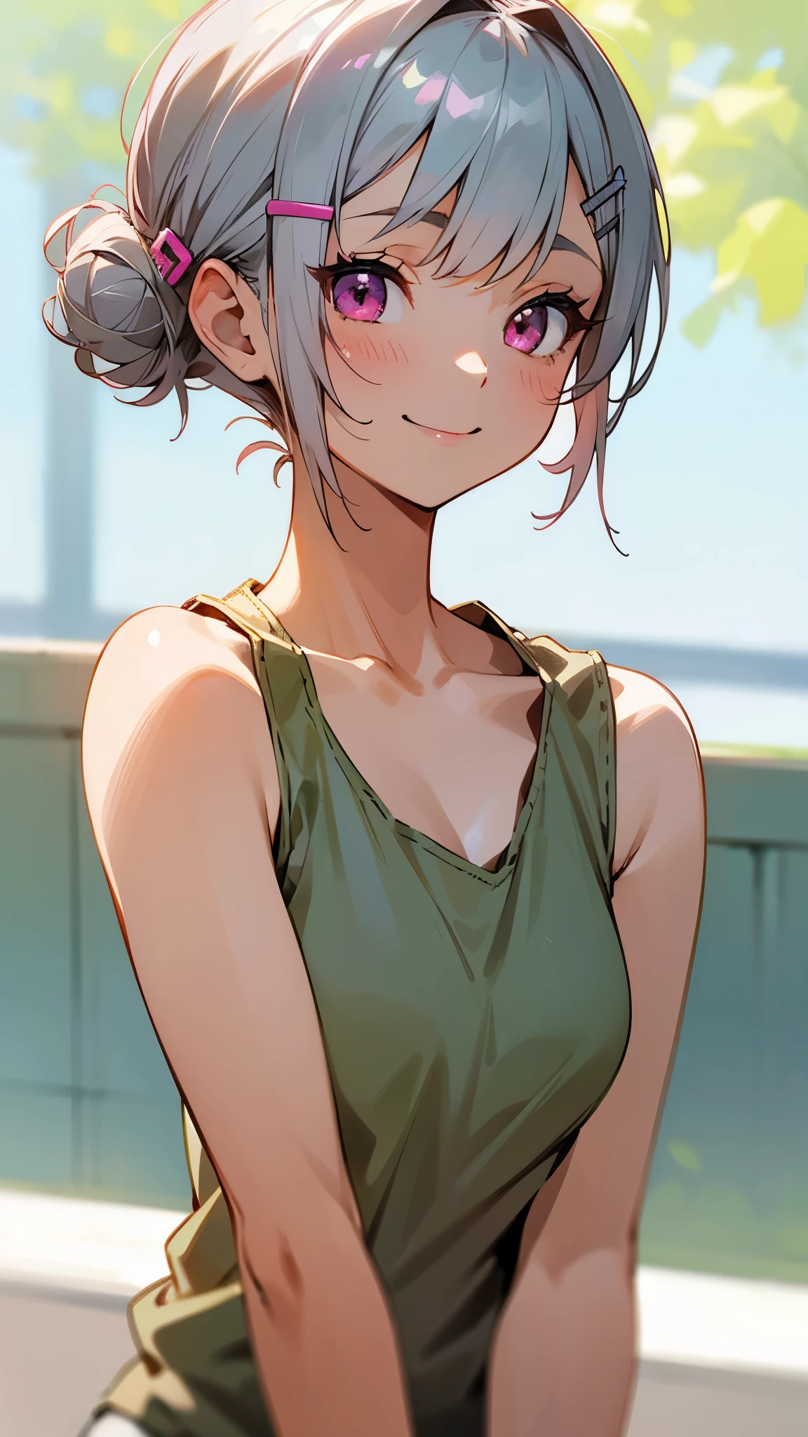 １girl、Short silver bob hair tied in a bun with a hair clip, Pink Eyes、smile、really like、Khaki tank top、Upper body close-up、Morning Cafe Terrace、Background blur, Written boundary depth