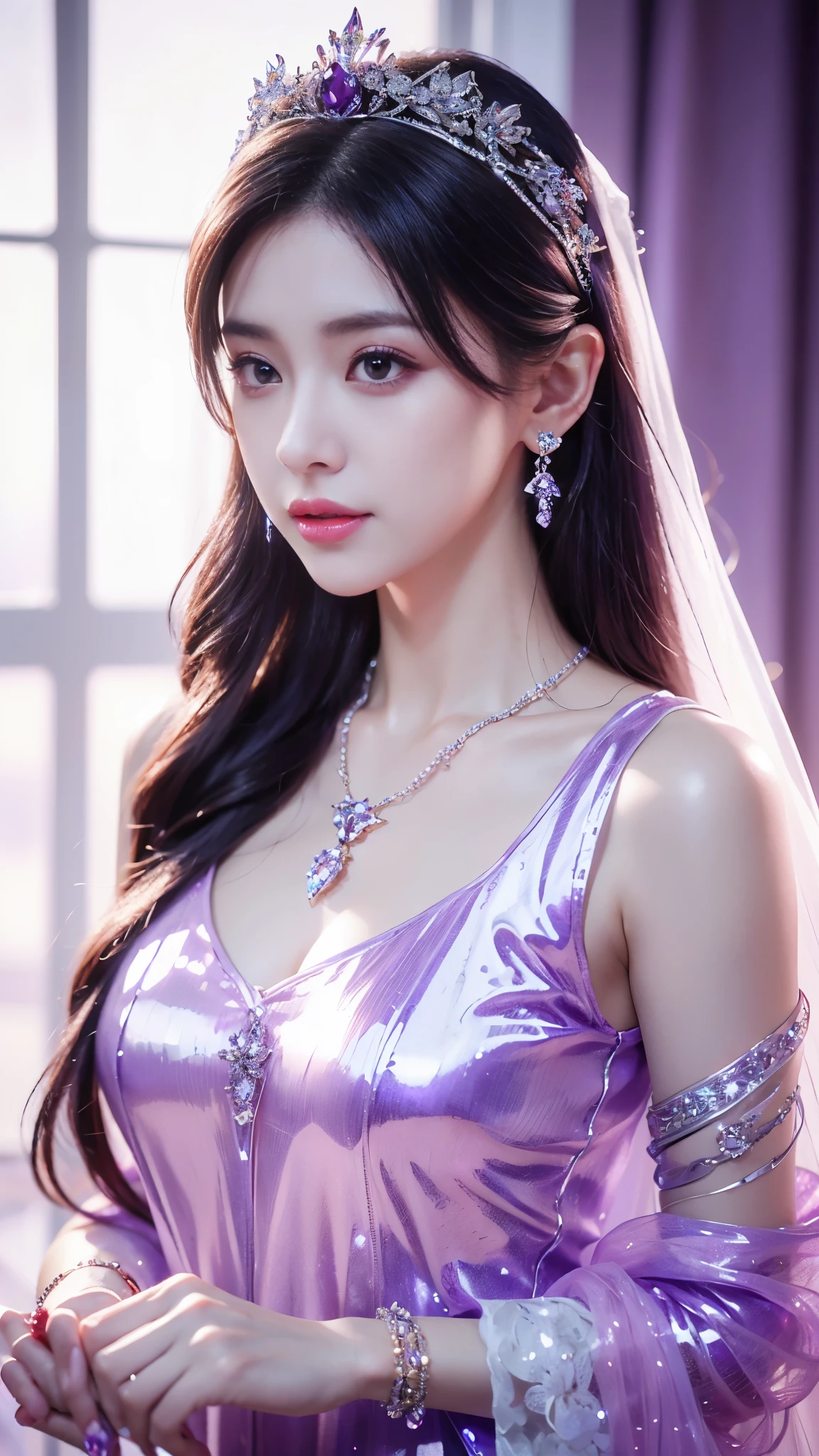 4K, UHD, masterpeice, 1 girl, good face, happy face, ((white skin)), detailed eyes, detailed lipstick, very long hair, straight hair, very long hair, beautiful hair, hair ornaments, hairband, gradient hair, ((purple mesh)), ((princess clothing)), ((decorated clothing)), ((sardine)), ((sparkle clothing)), ((purple lace)), ((diamond bracelet)), ((pendant)), ornaments, necklace, earring, high lighting, ((in the wedding stage)), fujicolor, depth of field, ray tracing, ultra realistic detailes,