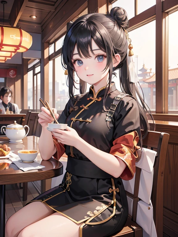 masterpiece, highest quality, Very detailed, 16k, Ultra-high resolution, Cowboy Shot, -yeld gi Detailed face, Perfect Fingers, black eye, Black Hair, Bun Hair, Chinese clothing, Chinese Restaurant, canteen, Chinese cuisine, table, Sitting on a chair while eating