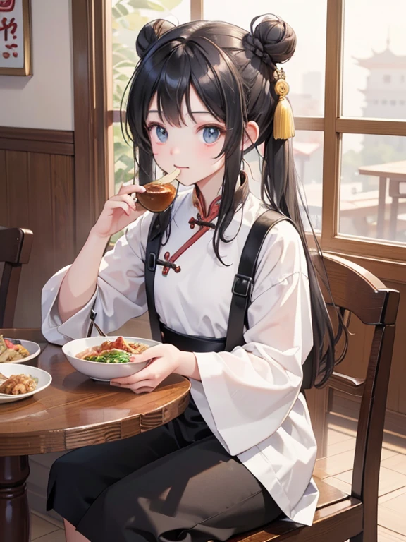 masterpiece, highest quality, Very detailed, 16k, Ultra-high resolution, Cowboy Shot, 14-year-old girl, Detailed face, Perfect Fingers, black eye, Black Hair, Bun Hair, Chinese clothing, Chinese Restaurant, canteen, Chinese cuisine, table, Sitting on a chair while eating