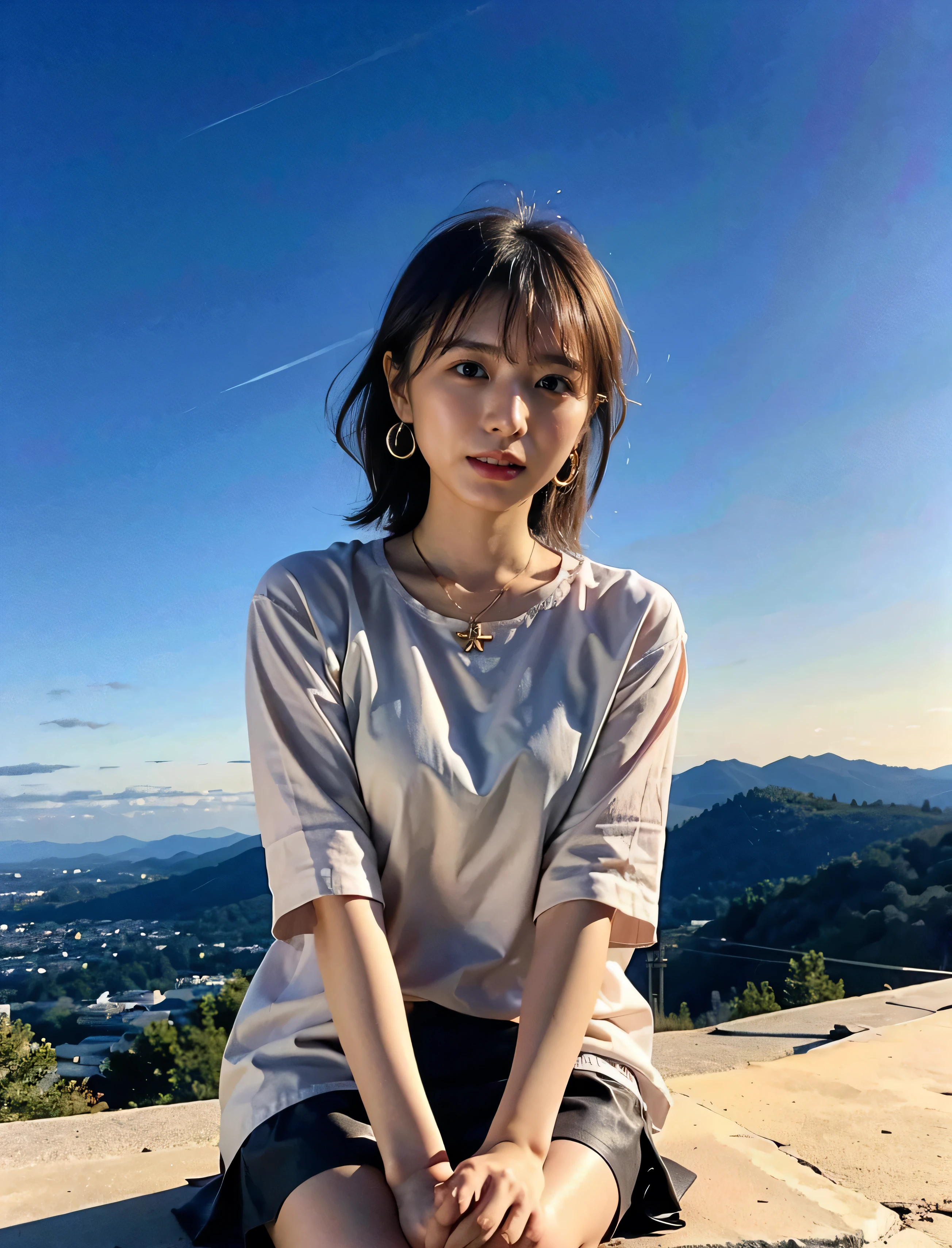 Woman sitting on a mountain top watching the sunset、Lens flare、I can see the sun setting、((Small earrings、It's evening、Birds are flying too、A Cessna plane is flying in the sky、background:1.4))、Luxurious leather belt、Glossy clothes、Light beige hair color、Background blur、Braid only the front hair、Light brown hair、{{Cowgirl Shot}}、((Close-up shot from the waist up、Big Breasts:1.4))、Big Breasts、Smile、Silk clothing、Big Breasts that can be seen even through clothes、Braid only the front hair、Cowboy Shot、Gorgeous white collared silk shirt and brown skirt、Dress elegantly、Luxury Bags、A lovely smile、((There is an airplane in the background、I'm coming to the airport))、Full body photo、ring、Short skirt、Tuck your hair behind one ear、Silver Necklace、smile、 Elegant ponytail、Caustics、Highly detailed photos、Very beautiful and ideal short hair、Big Breasts、Super no makeup、(8k、RAW Photos、highest quality、masterpiece:1.2)、(Realistic、Realistic)、1 girl、((Big Breastedium Short Hair、Looking into the camera:1.4))、Hair blowing in the wind