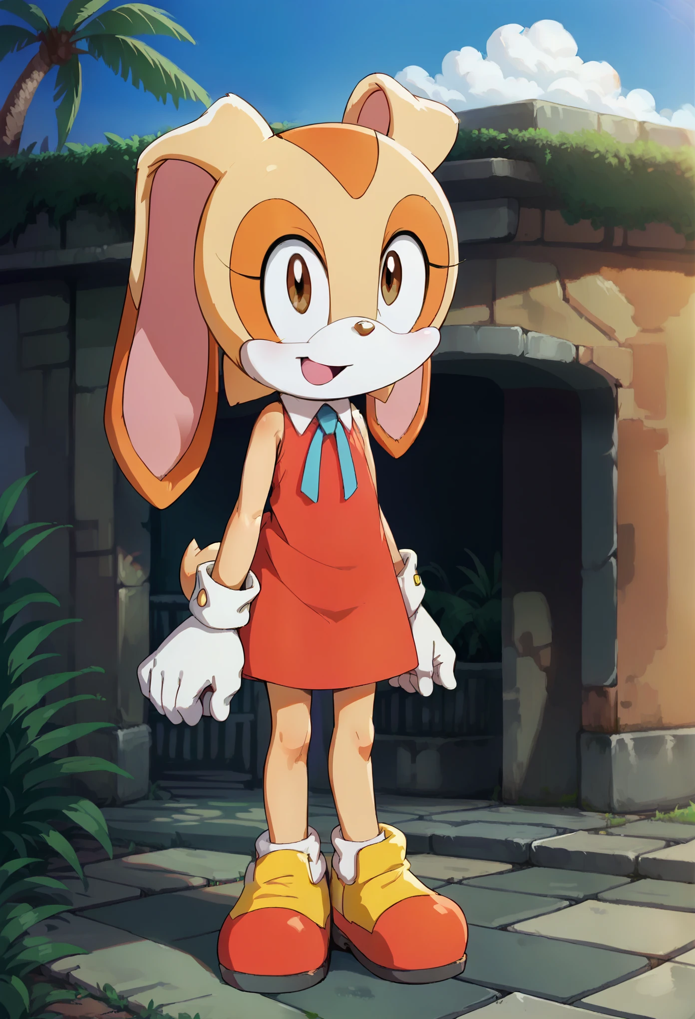 "(((masterpiece))),4k resolution,extremely delicate and beautiful,dynamic angle and pose,(1girl), animal nose, Cream the rabbit,withe sport bra, white panties, vercion sfw, (( thin )), ((6 years old girl)), (( thin legs )), alone, looking at viewer, in a forest, white gloves