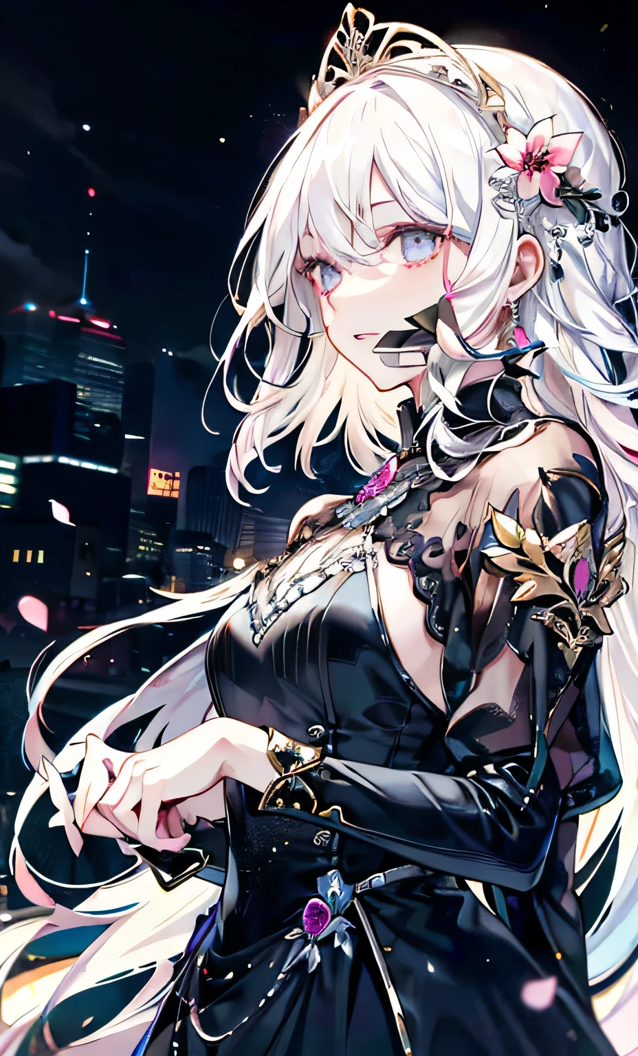 sovetsky_Soyuz, grey eyes, long hair, earrings, choker, webbed belt, tactical, pouches, chains, black maid outfit, apron, weapon Holster, webbed belt, tactical, pouches, frilly skirt, metal gloves, black thigh highs, Long eyelashes, eye shadow, long hair, first rate breasts, ominous vibe, expressionless, stoic, purple light glow, purple fire, shadowy, Ultra quality, UHD, high detail, anime aesthetic, Anime screenshot, Ultra quality, UHD, high detail, portrait