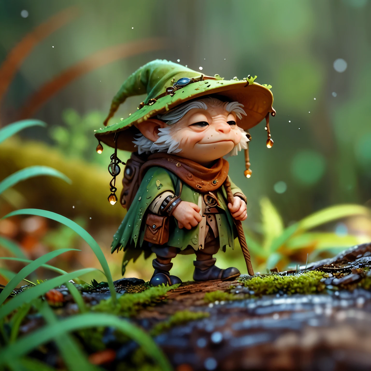 A cute miniature moss covered dewy male male wizard, wrinkled old looking skin, close up in a dewy rain forest, intricate wizarding costume cragged materials, In a tilt-shift, macro-photographed scene with a shallow depth of field, a tiny, iridescent mystic wizard, intricate gnarled leather wizarding boots, its body a mesmerizing mosaic of microscopic mirrors and gears, perches on the velvety, emerald-green edge of a dew-kissed leaf, surrounded by a constellation of glistening, crystal-like droplets that refract and reflect the soft, golden light filtering through the forest canopy above, amidst a tapestry of intricate, lace-like ferns and moss-covered twigs, with the blurred, bokeh-rich background a warm, earthy blend of umber, sienna, and olive hues.
