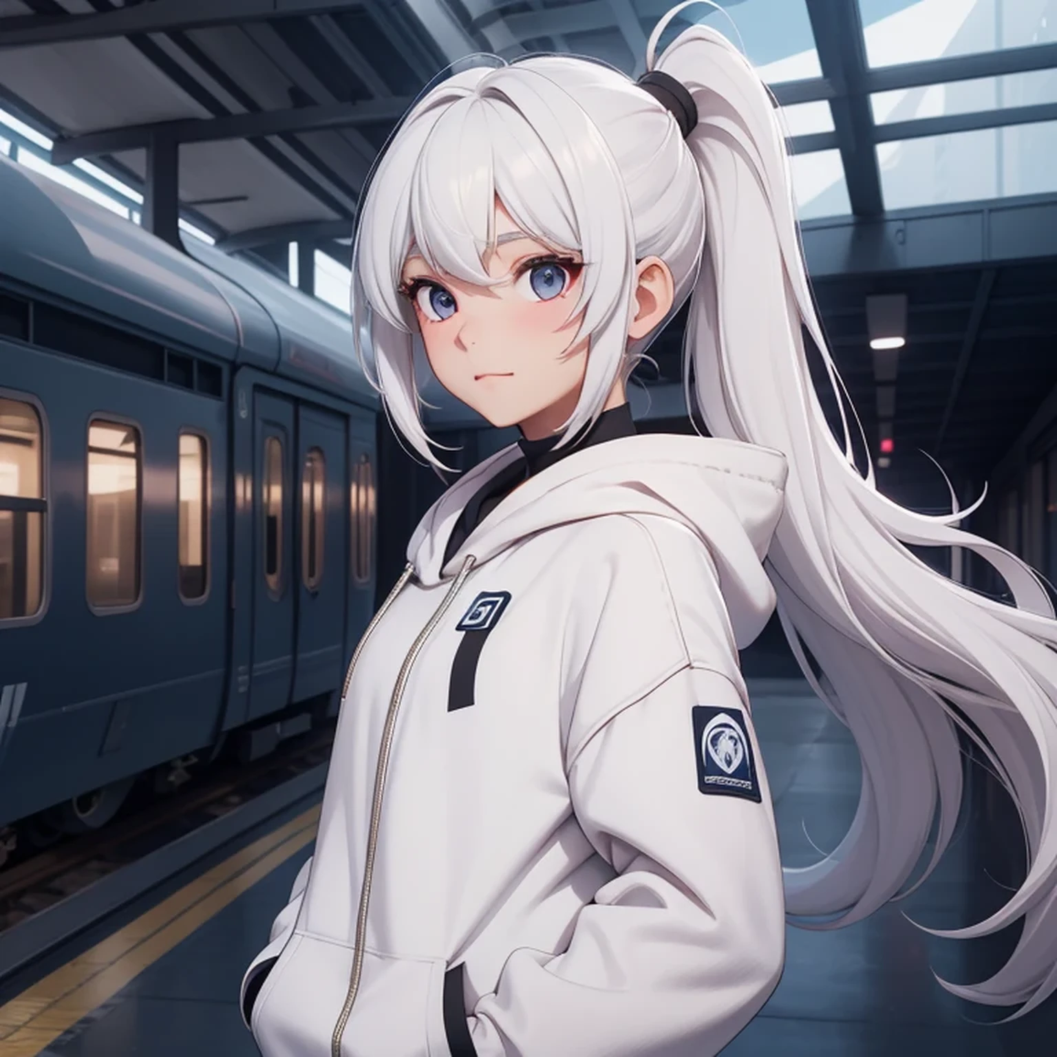 A girl, white hair, long hair, feminime, soft smile, white hoodie jacket, glowing navy eyes, train background, wearing black headphone, full body, masker, side ponytail hair,
