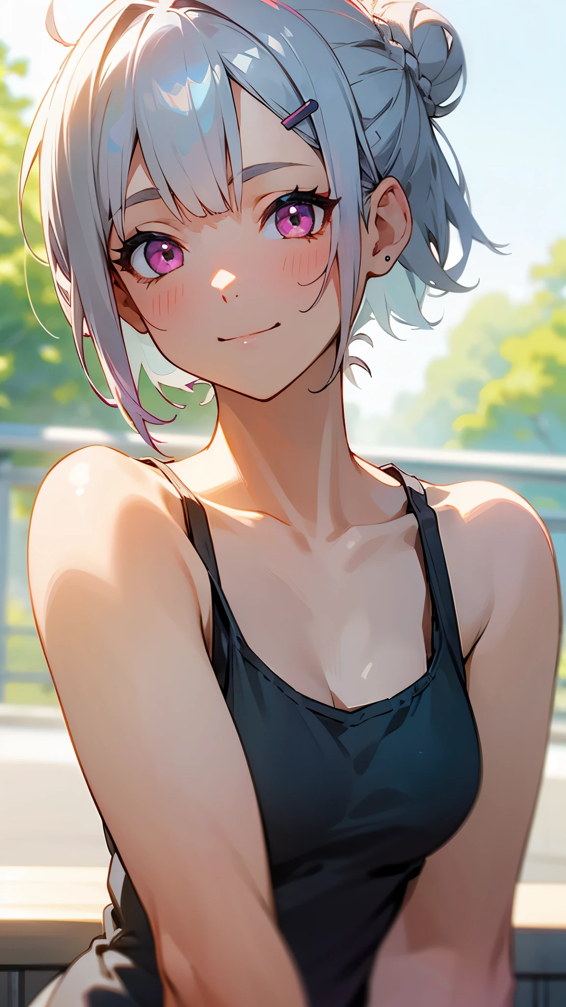 １girl、Short silver bob hair tied in a bun with a hair clip, Pink Eyes、smile、really like、Tank top、Upper body close-up、Morning Cafe Terrace、Background blur, Written boundary depth