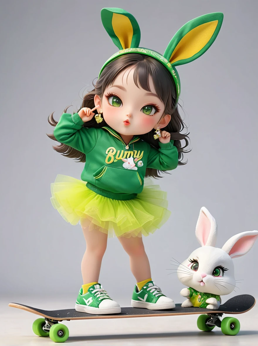 1girl，Wearing a bright yellow-green baseball uniform，Green Sequined Tulle Skirt，(rabbit ears, bunny hair ornament:1.5)，Green sneakers，strike a playful pose，Standing on a skateboard，(Close one eye:1.3)，Green eyes，Pout your cute little mouth，A faint blush，pride，Cartoon Style，full-body shot，Created with C4D and Blender，Blind box toy style，Super Detail，Anatomically correct，masterpiece，accurate