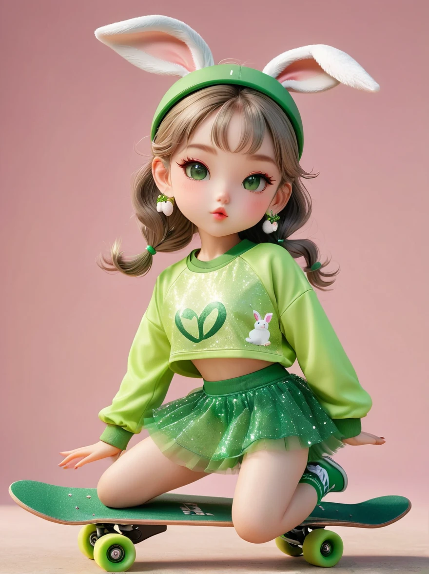 1girl，Wearing a bright yellow-green baseball uniform，Green Sequined Tulle Skirt，(rabbit ears, bunny hair ornament:1.5)，Green sneakers，strike a playful pose，Standing on a skateboard，(Close one eye:1.3)，Green eyes，Pout your cute little mouth，A faint blush，pride，Cartoon Style，full-body shot，Created with C4D and Blender，Blind box toy style，Super Detail，Anatomically correct，masterpiece，accurate