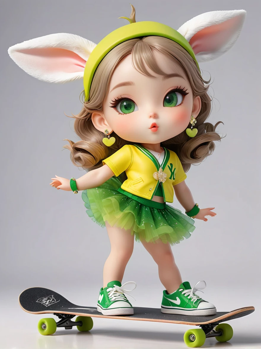 1girl,Wearing a bright yellow-green baseball uniform,Green Sequined Tulle Skirt,(rabbit ears, bunny hair ornament:1.5),Green sneakers,strike a playful pose,Standing on a skateboard,(Close one eye:1.3),Green eyes,Pout your cute little mouth,A faint blush,pride,Cartoon Style,full-body shot,Created with C4D and Blender,Blind box toy style,Super Detail,Anatomically correct,masterpiece,accurate