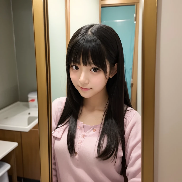 Taking a selfie in the mirror、Cute Japanese Girl, Black Hair, Moderate ,high school, High-quality photos