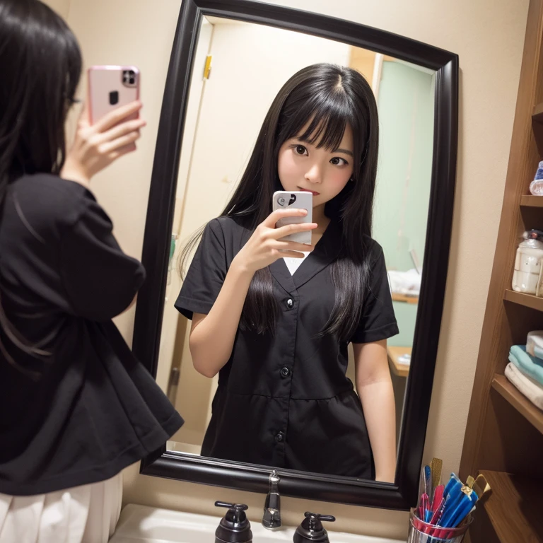 Taking a selfie in the mirror、Cute Japanese Girl, Black Hair, Moderate ,high school, High-quality photos