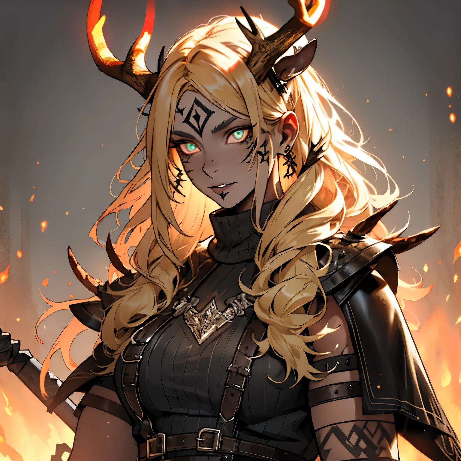 Rhea Ripley as a muscular female gothich viking, wearing leather gothic viking clothes, has long spiky pigtails, has spikes, has antlers made of fire, blonde hair, black lipstick, masculine, muscular, has brown clothing, has a viking axe, has glowing viking rune tattoos, glowing runes, viking leather studded clothing, perfect eyes, gold eyes, glowing aura, shine, shadows, shaded, portrait, masterpiece, large antlers, godly, has antlers