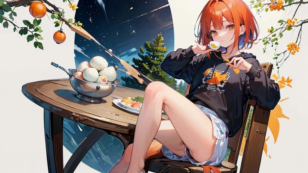 (Masterpiece,Highest quality),(Maximum details),(Eye details),(hair details),(hand details),woman,s old,short hair,red hair,My hair is chubby.,orange eyes,Wear a white long-sleeved shirt with a cat pattern.,Wear blue hooded shorts,Wear green running shoes.,smile,be happy,action,sit,holding a spoon,eating boiled eggs,Decorations,chair,table,บนtableมีแต่อาหารเฮลตี้,tree,backdrop,kitchen,full body image,
