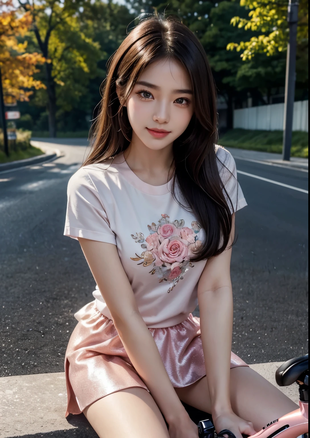a beautiful Korean girl,1girl,beautiful detailed eyes, beautiful detailed lips, extremely detailed eyes and face, long eyelashes,riding a 2000 MV Agusta F1 race bike,(pink bike),(silky glitter peach colour t-shirt), tight above knee length skirt,(sitting on bike),f1 race, photorealistic, best quality,4k,8k,highres,masterpiece:1.2,ultra-detailed,realistic,photorealistic:1.37,HDR,UHD,studio lighting, ultra-fine painting, sharp focus, physically-based rendering, extreme detail description, professional, vivid colors, concept art, stylish poses, stylish look, smile, (rose on hand), (standing), bright skin, Autumn, clear face, realistic skin, realistic face, Realistic smile, tempting eyes, Cute, cinematic composition, highly detailed, detailed beautiful face with striking eyes and lips, intricate details, professional photography, (close up full body shot),(smile), beautiful road, dark Colour road